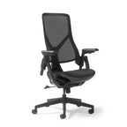 Black office chair with mesh back on a white background