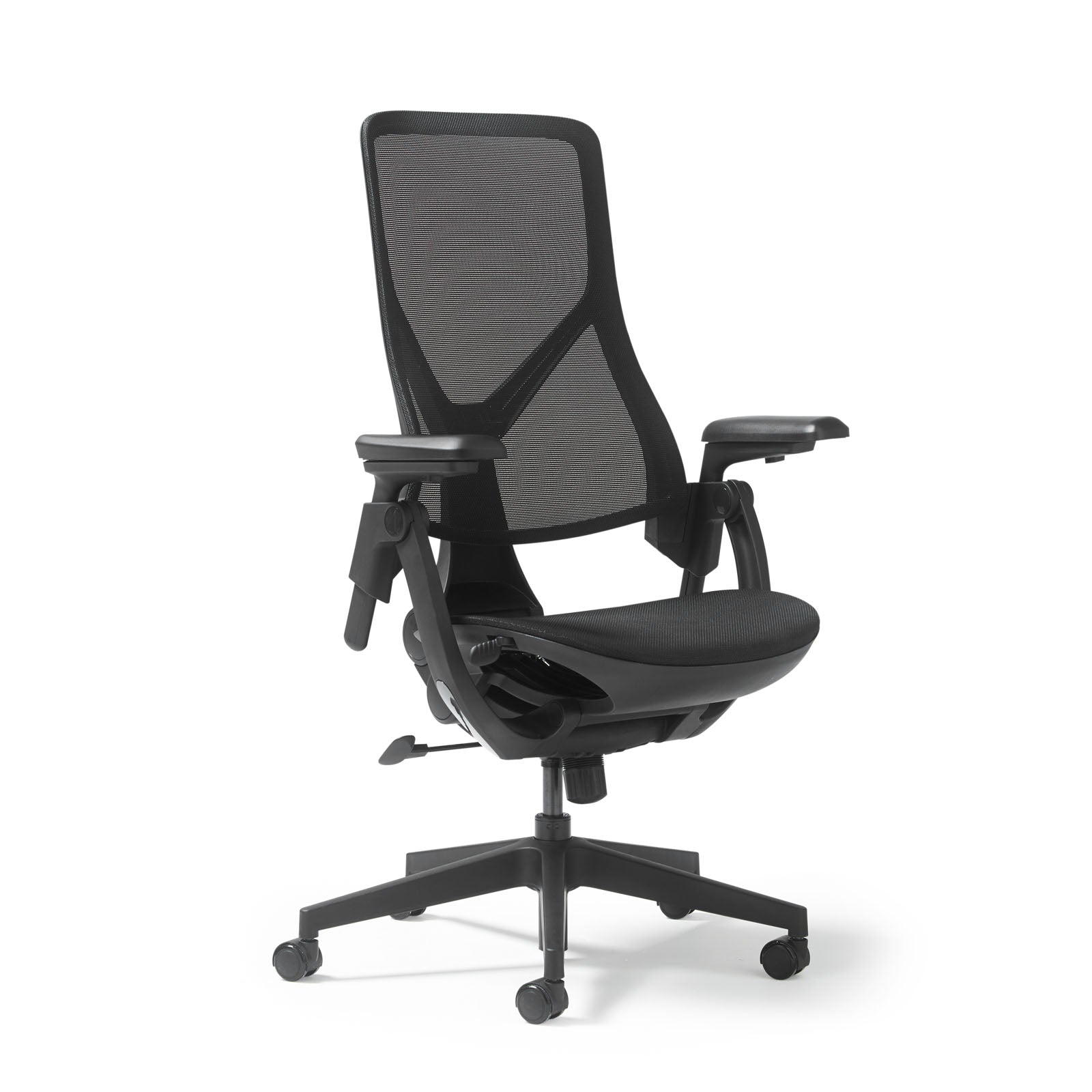 Black office chair with mesh back on a white background