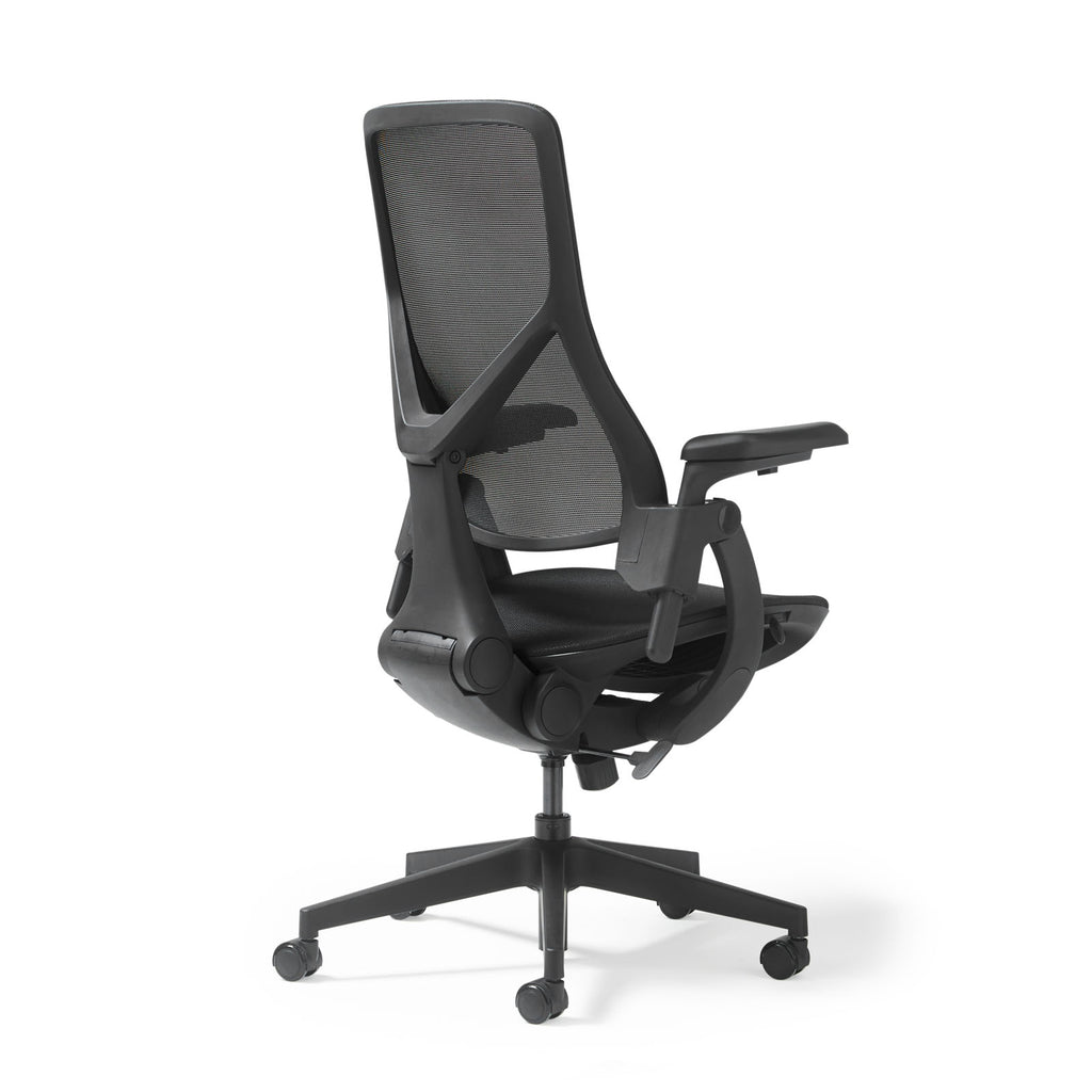 Black office chair with mesh backrest on a white background