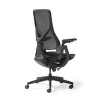 Black office chair with mesh backrest on a white background