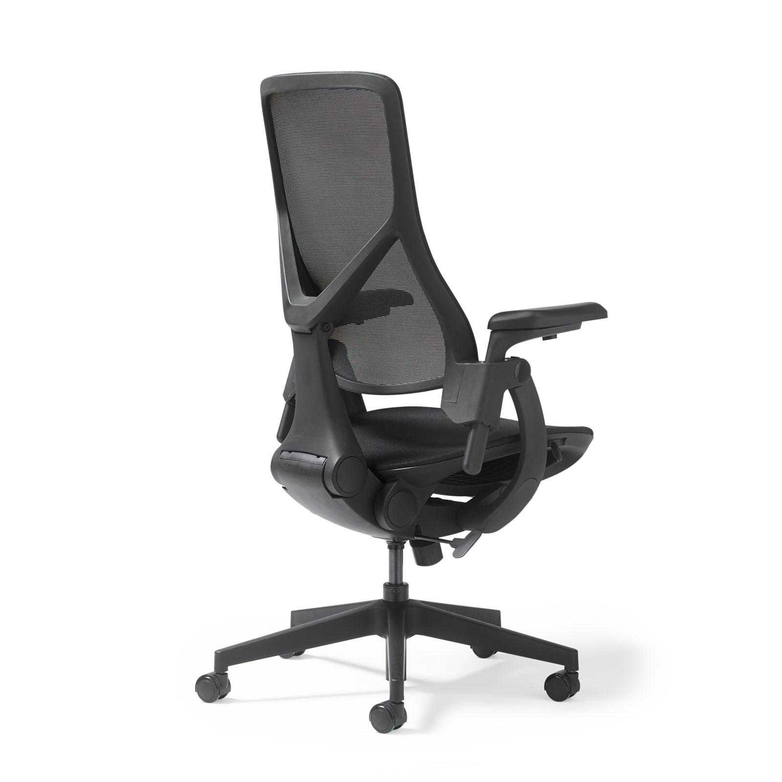 Black office chair with mesh backrest on a white background