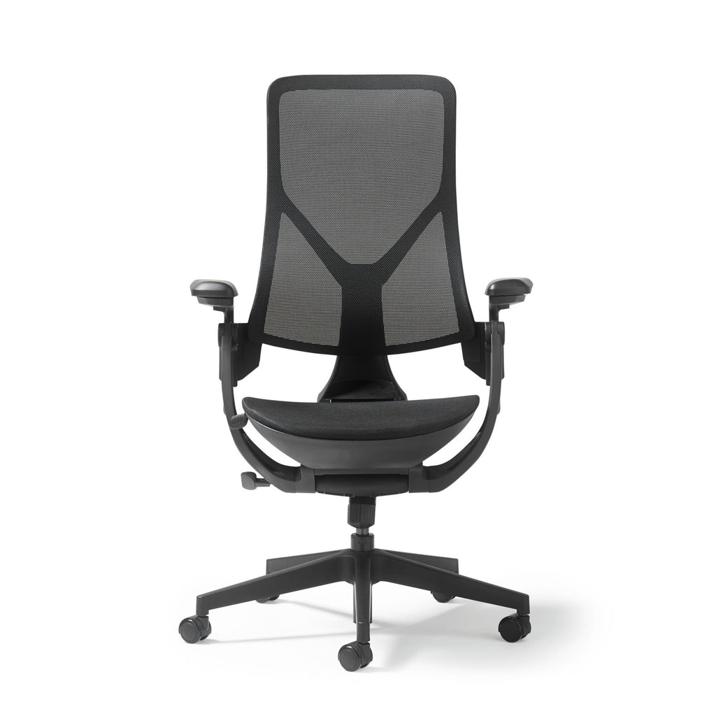 Black office chair with mesh back on a white background