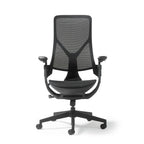 Black office chair with mesh back on a white background
