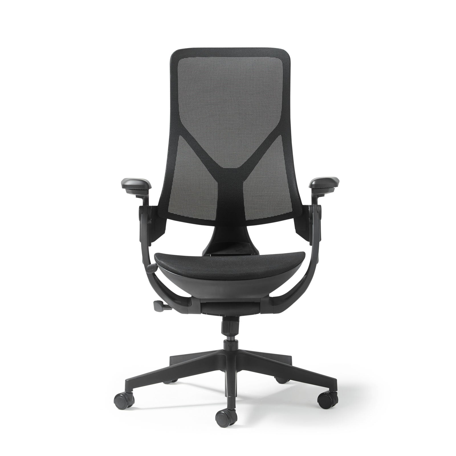 Black office chair with mesh back on a white background