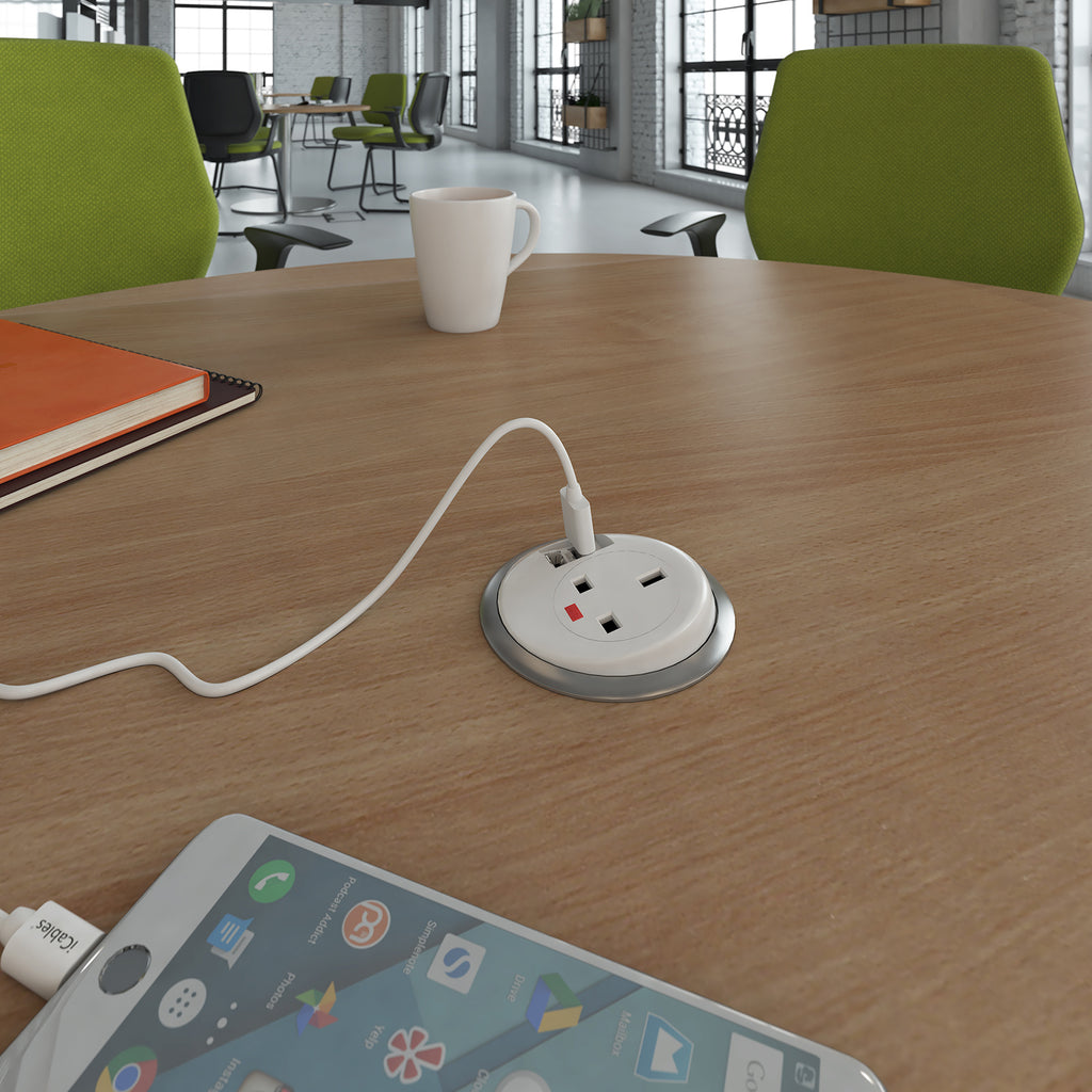Office setting with tables, chairs and power module