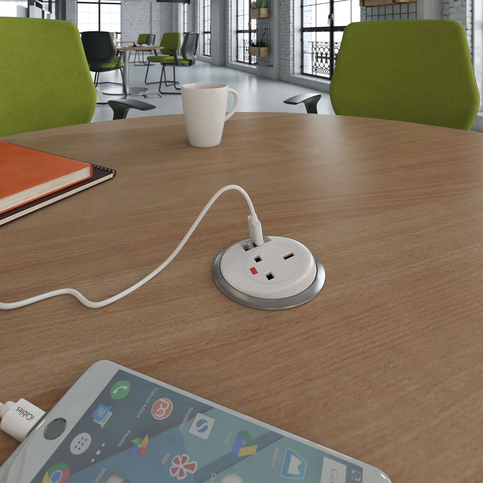 Office setting with tables, chairs and power module