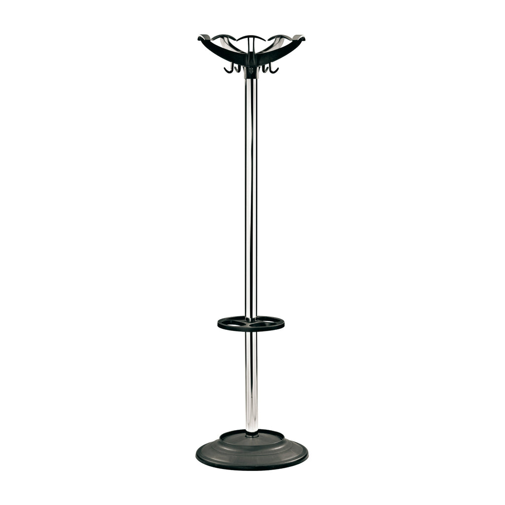 Black and silver coat stand with multiple hooks on a white background