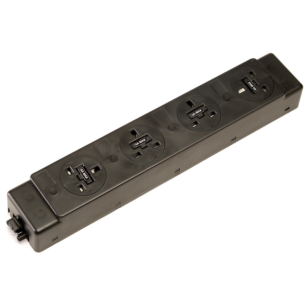 Power module with four UK sockets on a white background