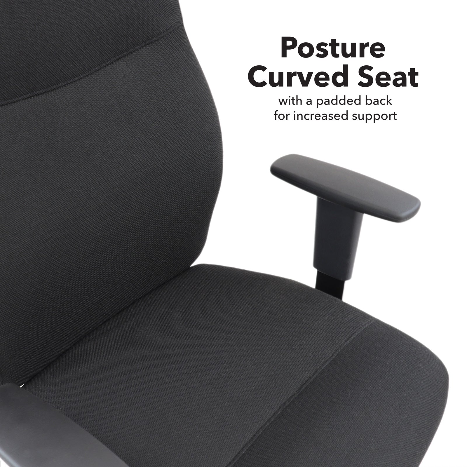 Black office chair with a curved seat and padded backrest on a white background