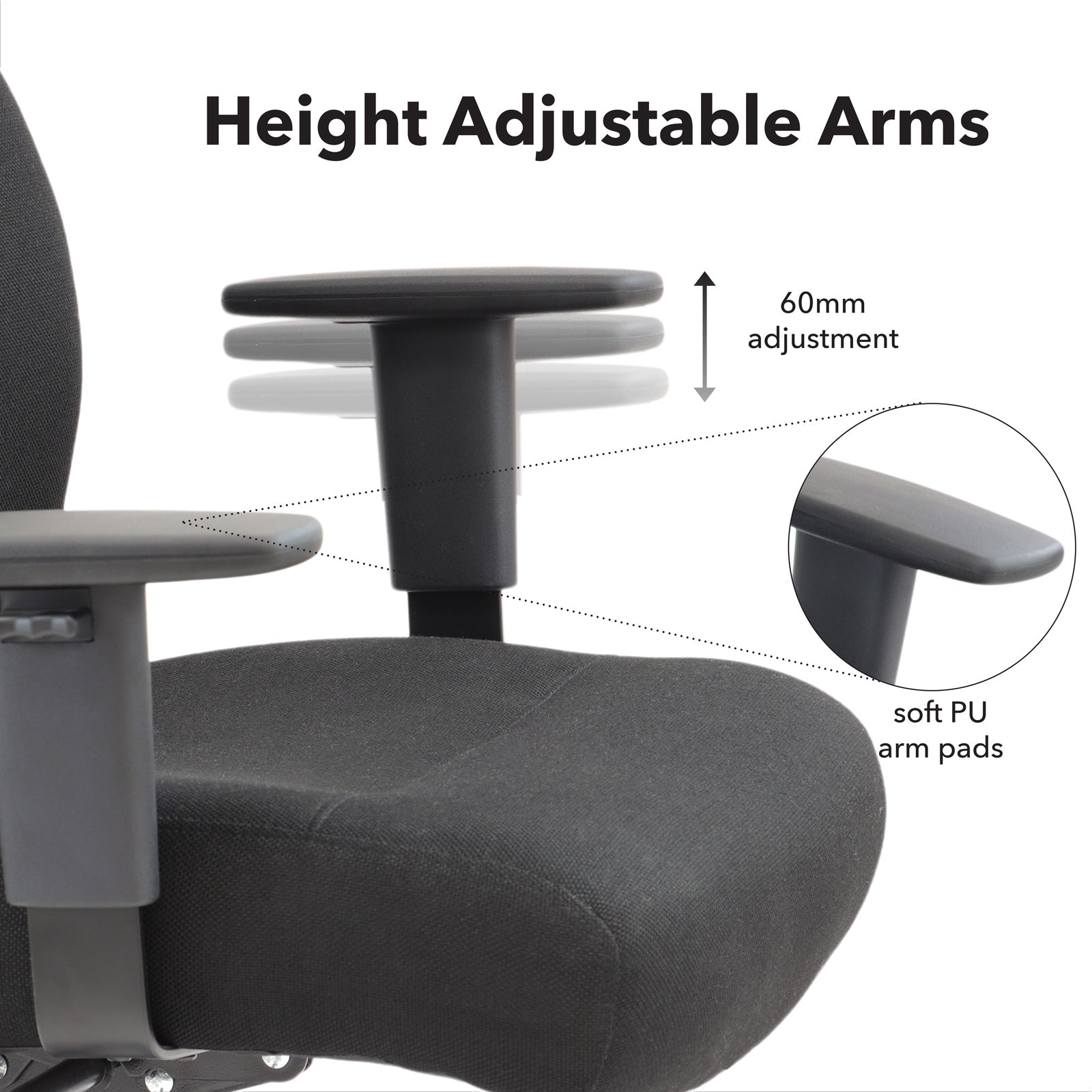 Ergonomic office chair with height adjustable arms and soft PU arm pads on a white background.