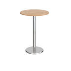 Round poseur table with wood-effect top and metal base on a white background