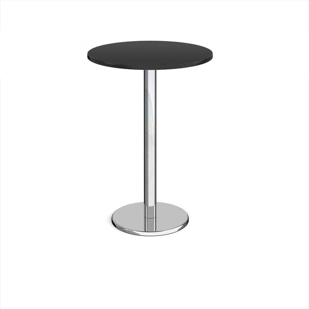 Round poseur table with black top and metal base on a white background