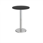 Round poseur table with black top and metal base on a white background