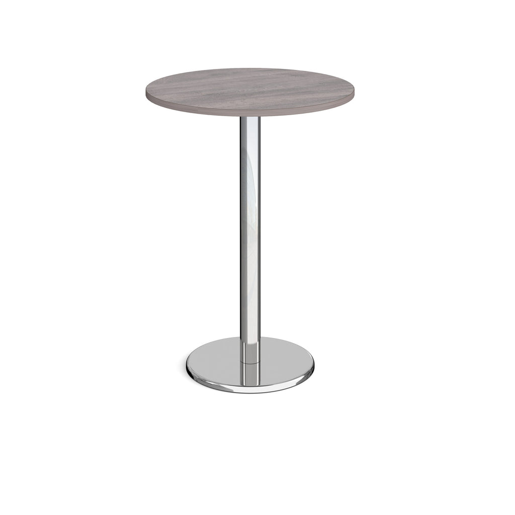 Round poseur table with grey top and metal base on a white background