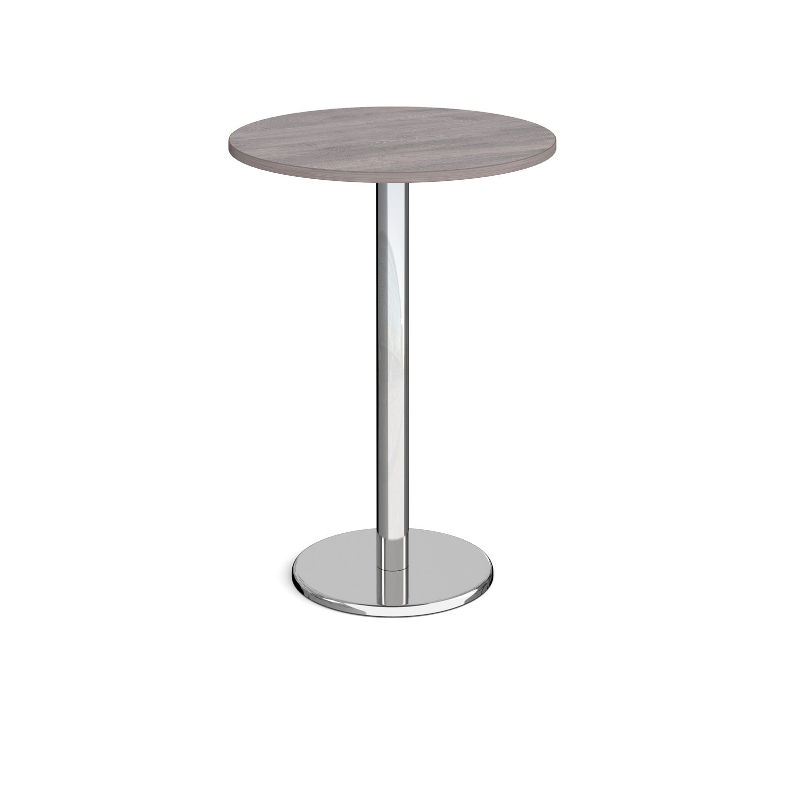 Round poseur table with grey top and metal base on a white background