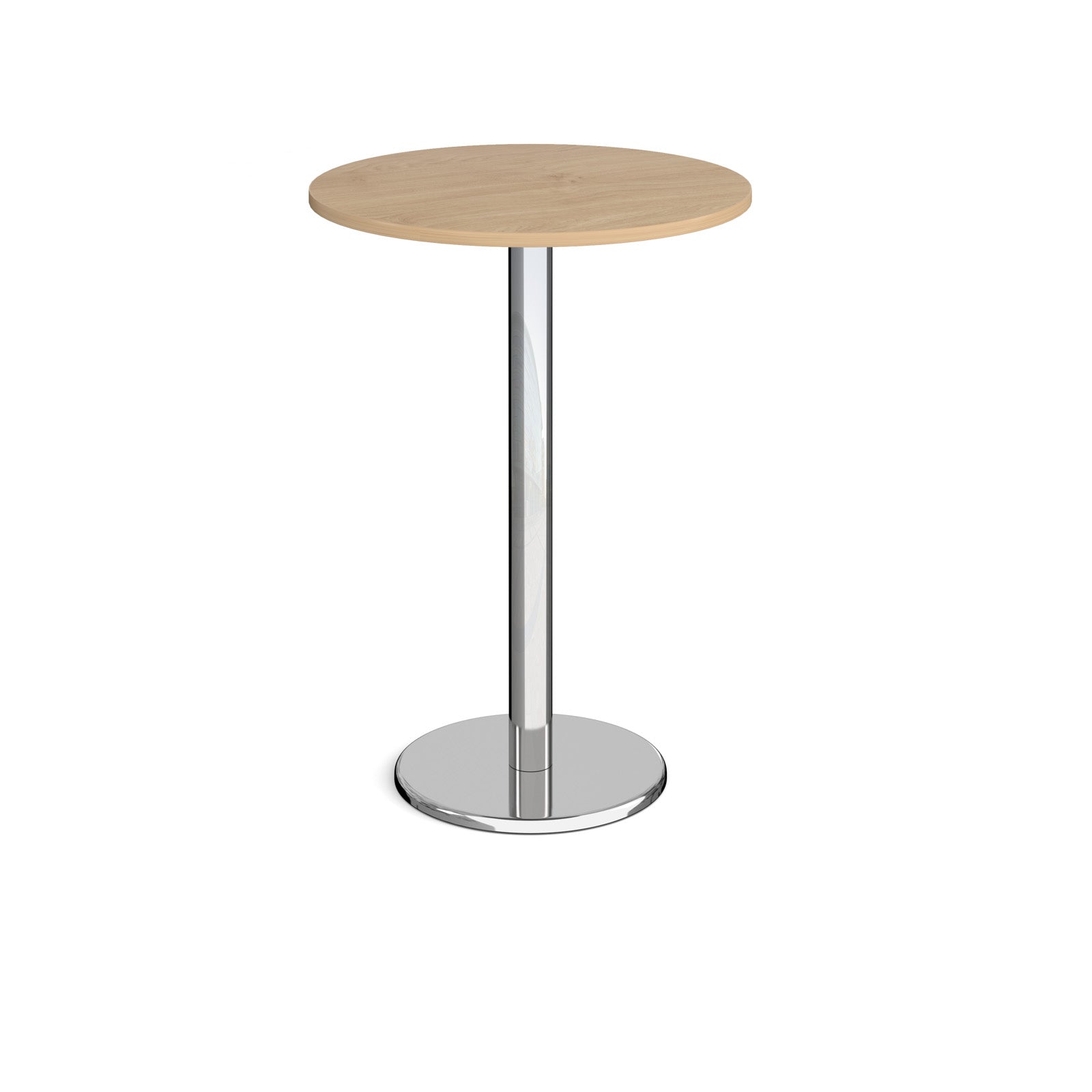 Round poseur table with wood-effect top and metal base on a white background