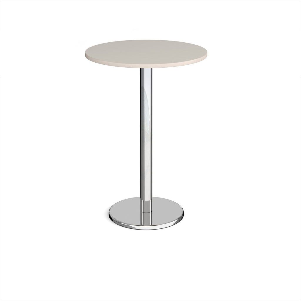 Round poseur table with light grey top and metal base on a white background