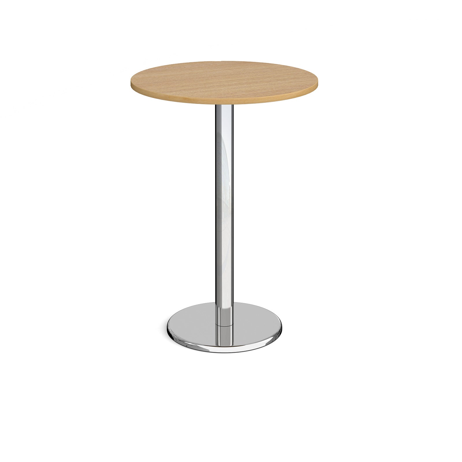 Round poseur table with wood-effect top and metal base on a white background