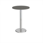 Round poseur table with grey top and metal base on a white background
