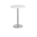 Round poseur table with white top and metal base on a white background