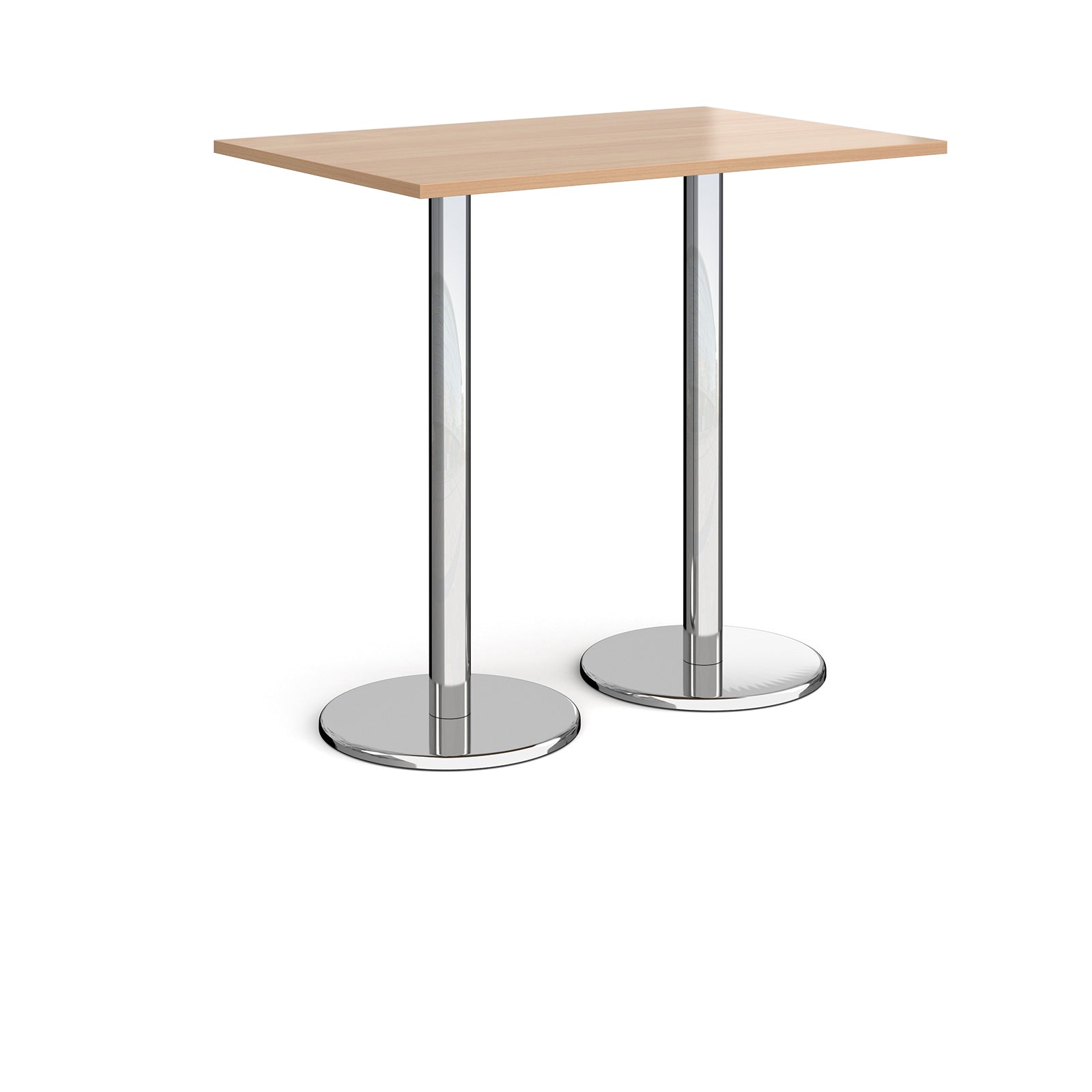 Rectangular poseur table with wood-effect top and metal legs on a white background