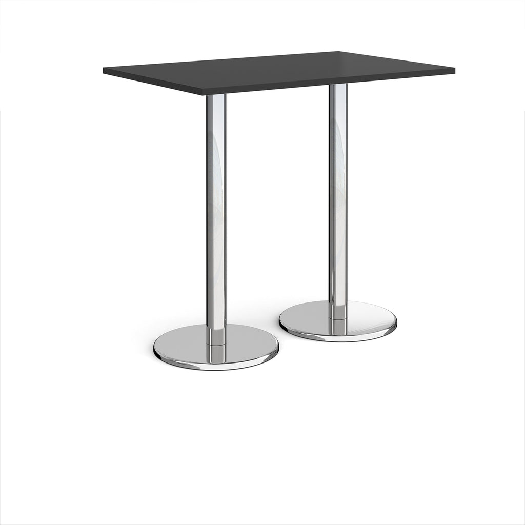 Rectangular poseur table with black top and metal legs on a white background