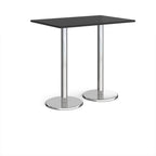Rectangular poseur table with black top and metal legs on a white background