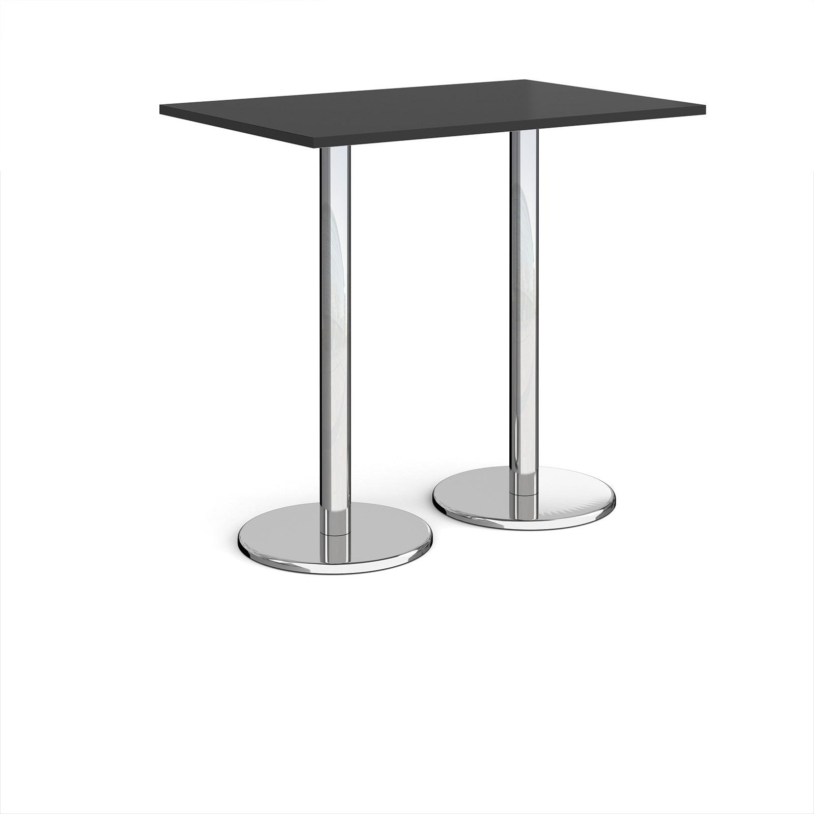 Rectangular poseur table with black top and metal legs on a white background