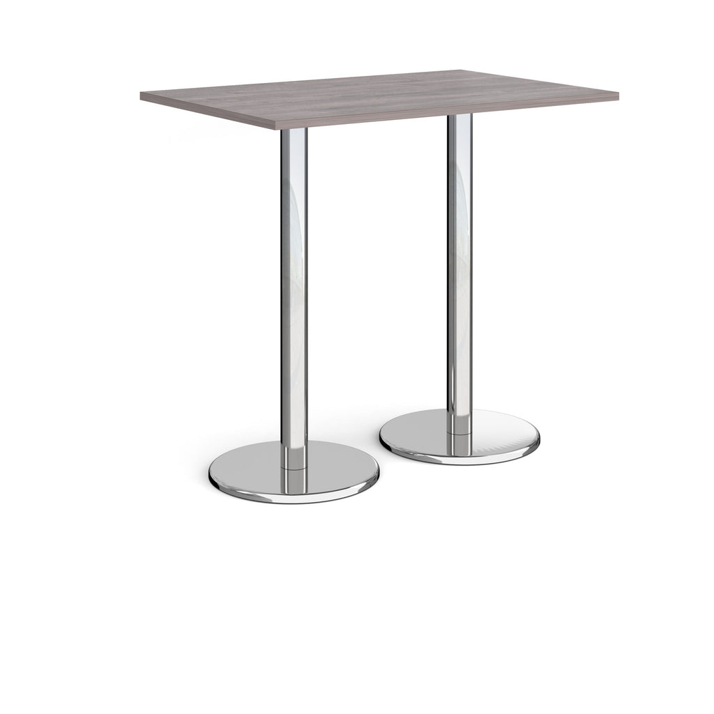 Rectangular poseur table with grey wood-effect top and metal legs on a white background