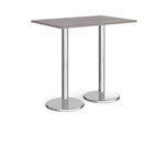 Rectangular poseur table with grey wood-effect top and metal legs on a white background