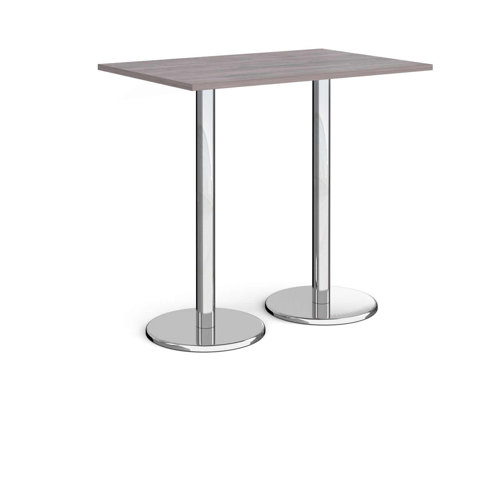 Rectangular poseur table with grey wood-effect top and metal legs on a white background