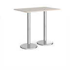Rectangular poseur table with light grey top and metal legs on a white background