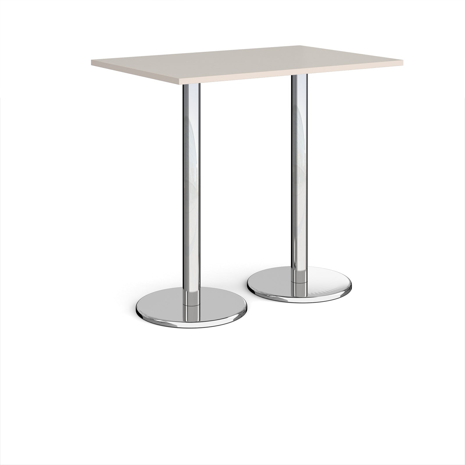Rectangular poseur table with light grey top and metal legs on a white background
