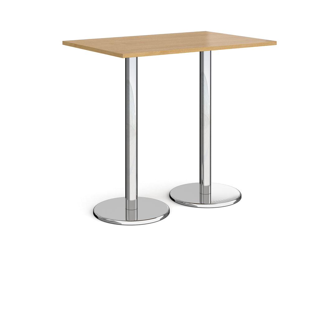 Rectangular poseur table with wood-effect top and metal legs on a white background