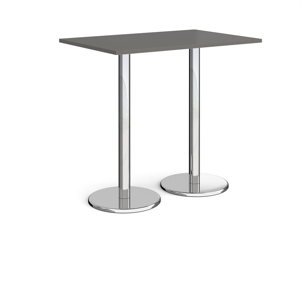 Rectangular poseur table with grey top and metal legs on a white background