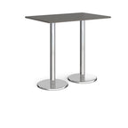 Rectangular poseur table with grey top and metal legs on a white background
