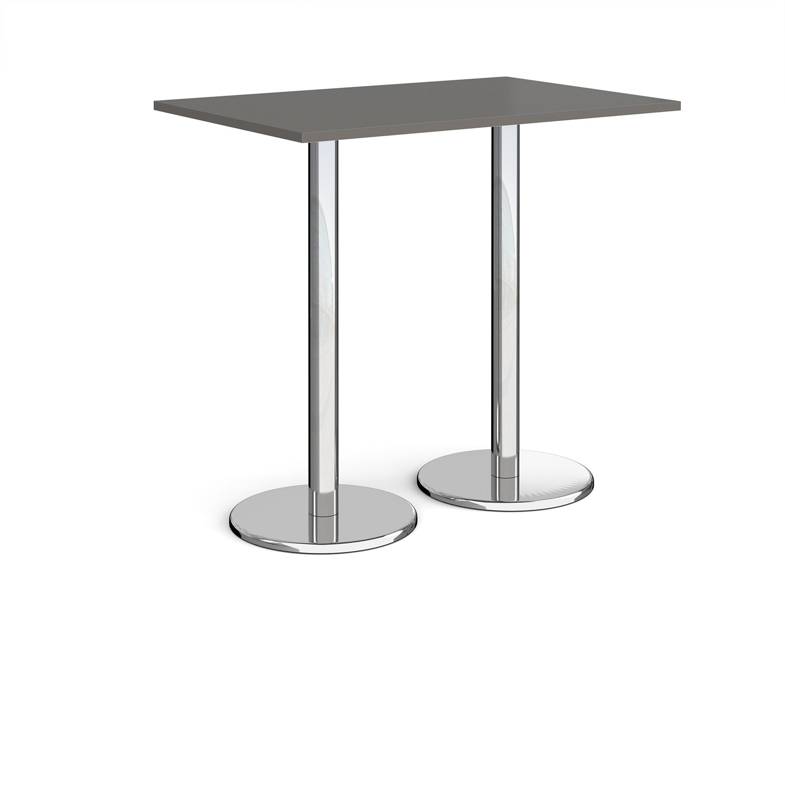 Rectangular poseur table with grey top and metal legs on a white background