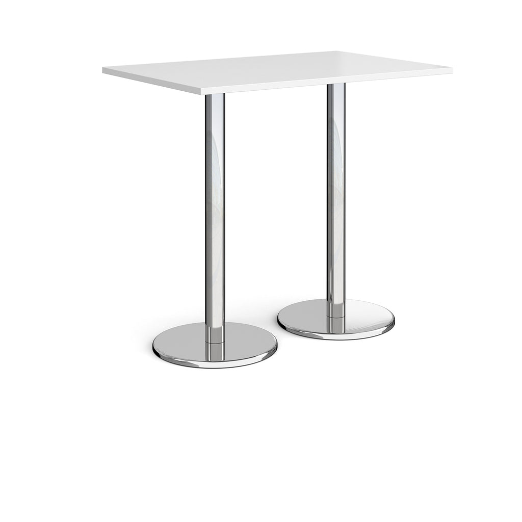 Rectangular poseur table with white top and metal legs on a white background