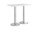 Rectangular poseur table with white top and metal legs on a white background