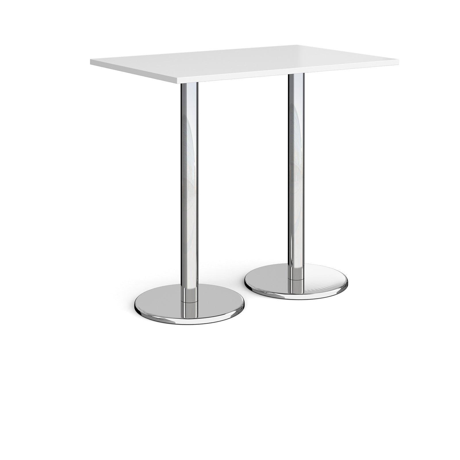 Rectangular poseur table with white top and metal legs on a white background