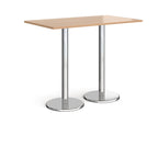 Rectangular poseur table with wood-effect top and metal legs on a white background