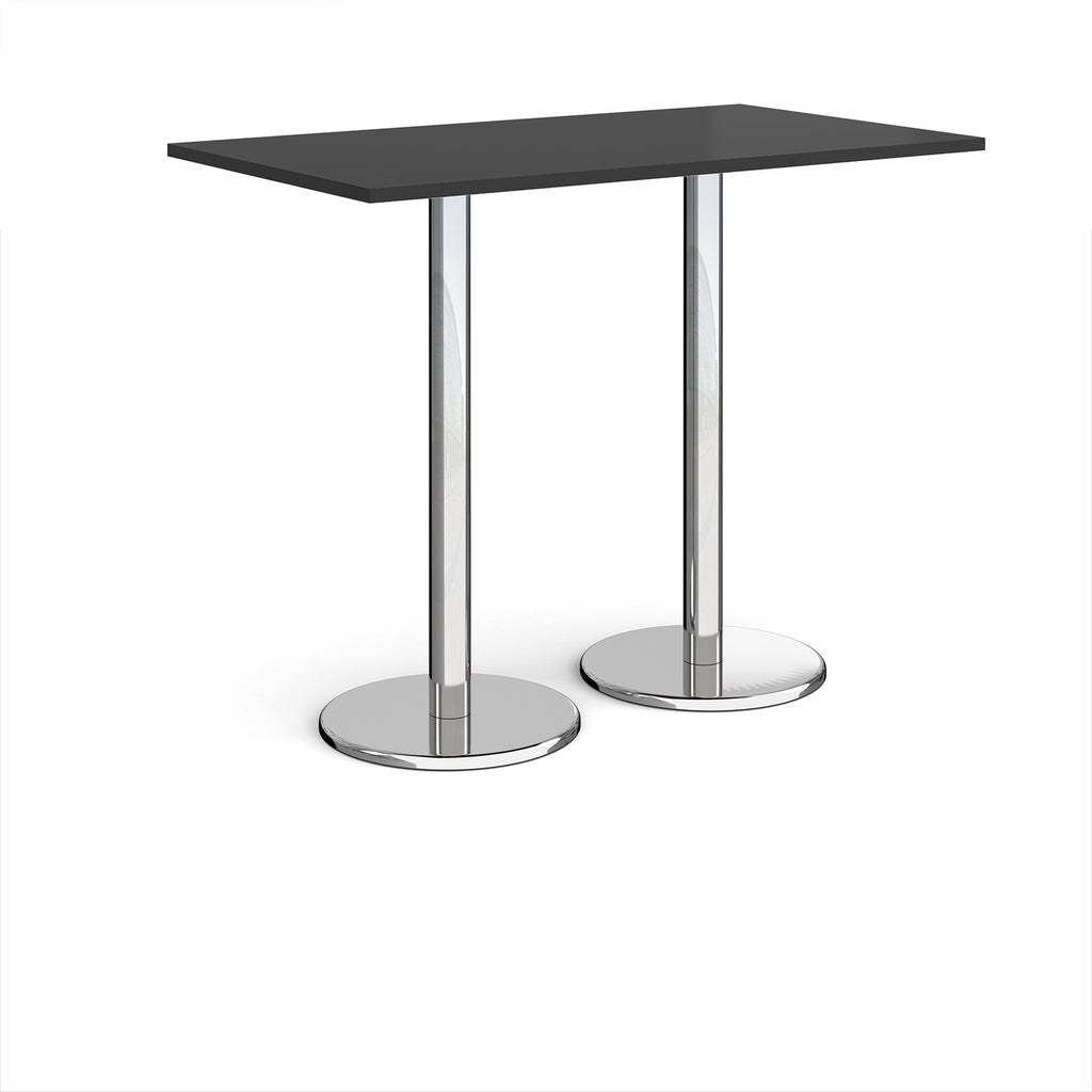Rectangular poseur table with black top and metal legs on a white background