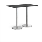 Rectangular poseur table with black top and metal legs on a white background