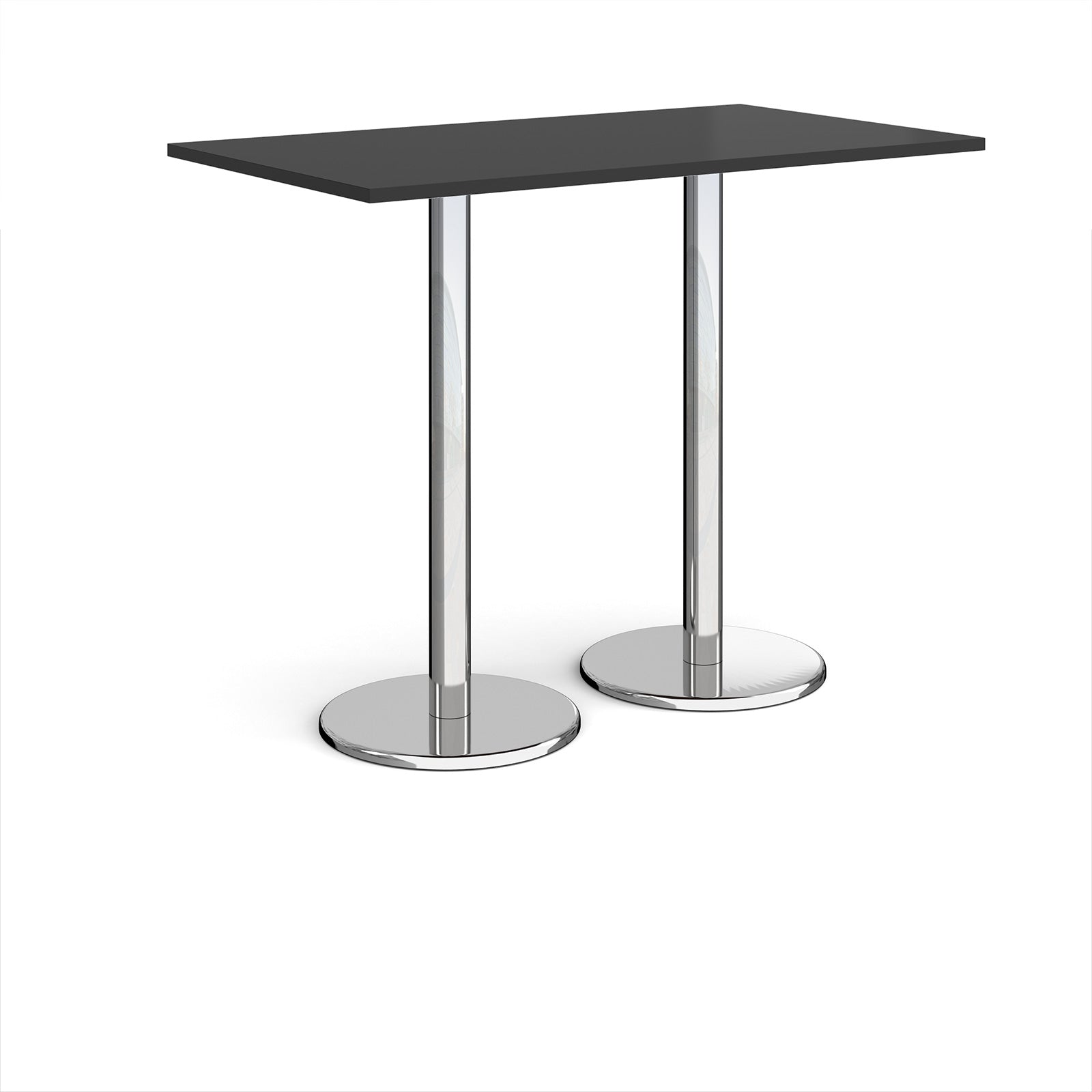 Rectangular poseur table with black top and metal legs on a white background