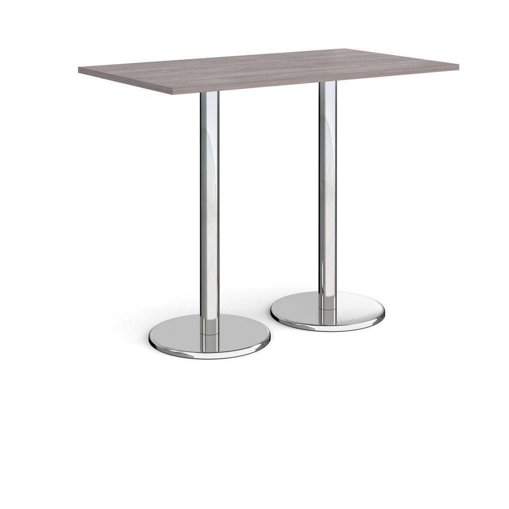 Rectangular poseur table with grey wood-effect top and metal legs on a white background