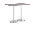 Rectangular poseur table with grey wood-effect top and metal legs on a white background