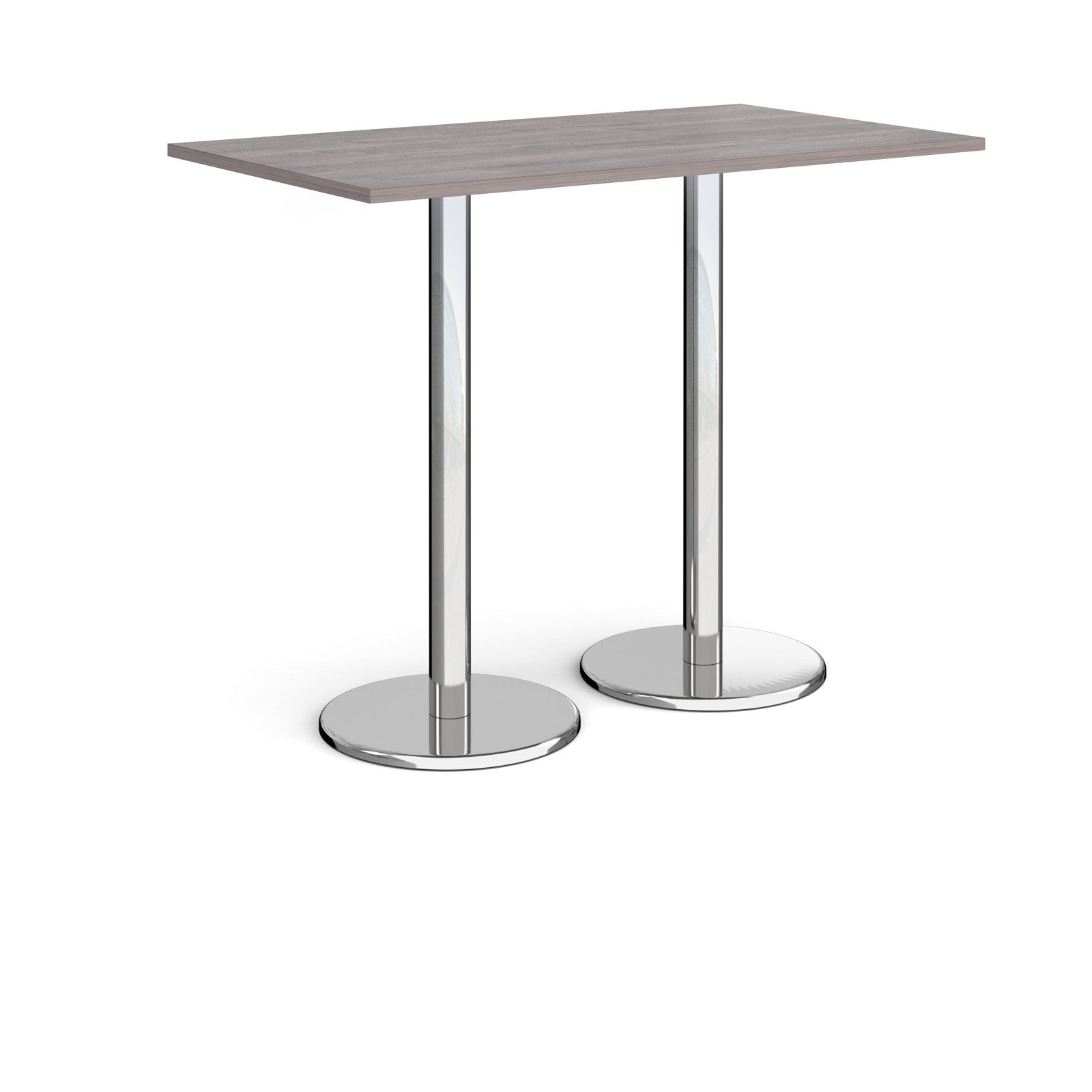 Rectangular poseur table with grey wood-effect top and metal legs on a white background