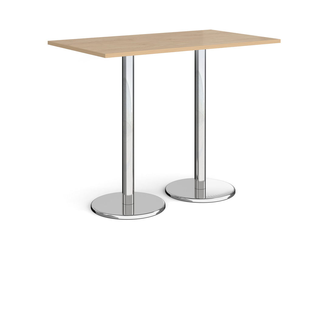 Rectangular poseur table with wood-effect top and metal legs on a white background