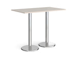 Rectangular poseur table with light grey top and metal legs on a white background