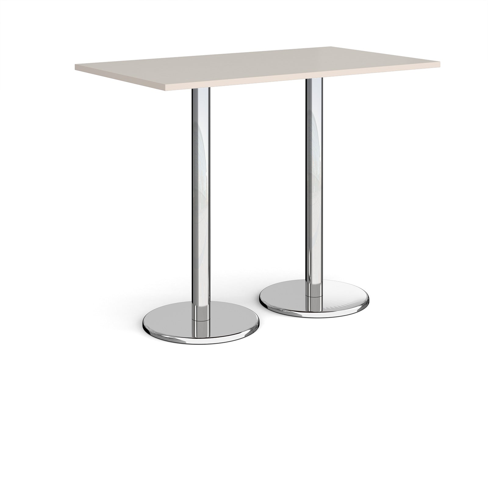Rectangular poseur table with light grey top and metal legs on a white background